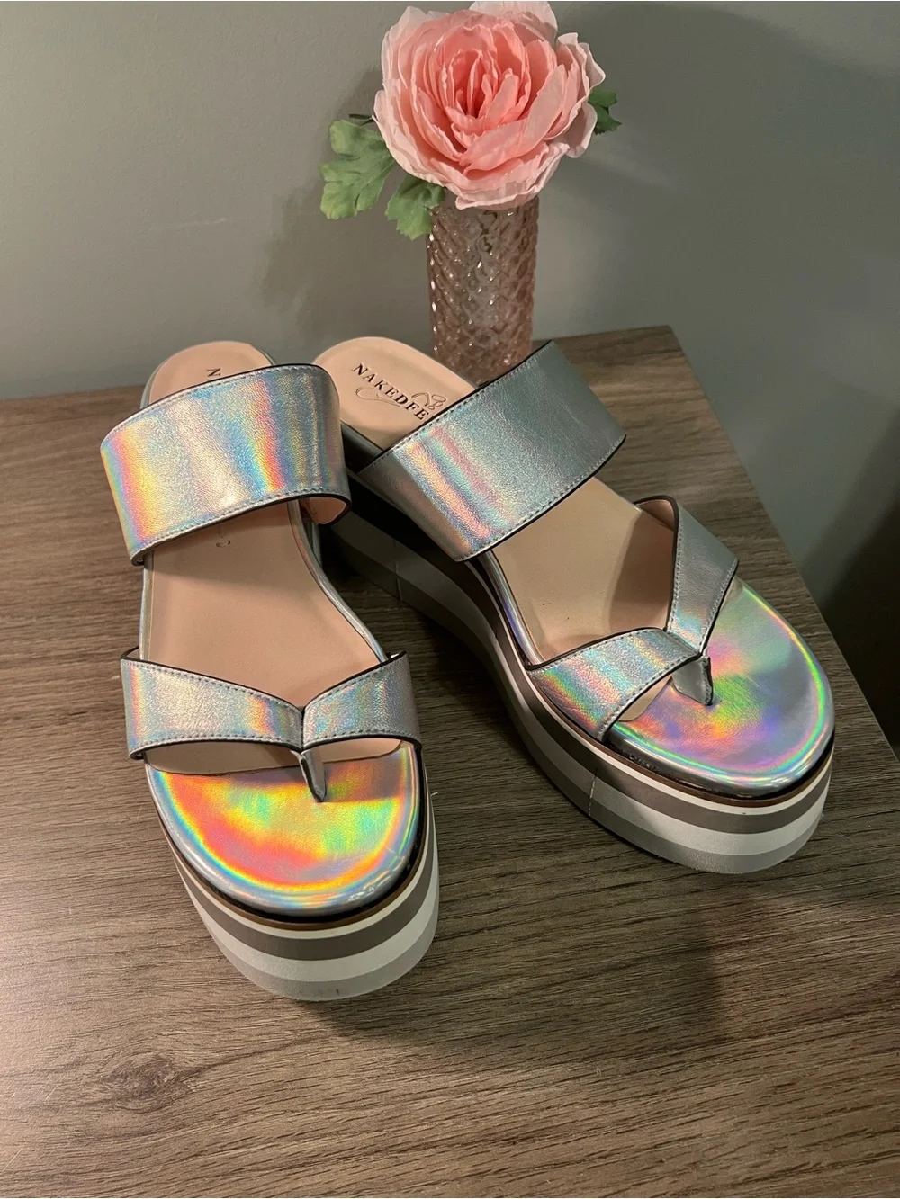 Naked Feet Iridescent Holographic Platform Slide Sandals - Silver